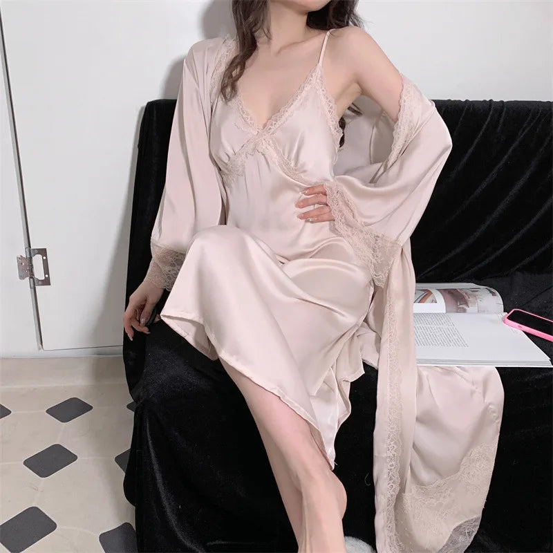 Elegant Female Nighty&Robe Set Long Bathrobe Nightgown Sexy Lace Trim Nightdress Sleepwear Spring Summer Silk Satin Home Wear
