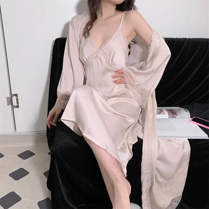 Elegant Female Nighty&Robe Set Long Bathrobe Nightgown Sexy Lace Trim Nightdress Sleepwear Spring Summer Silk Satin Home Wear
