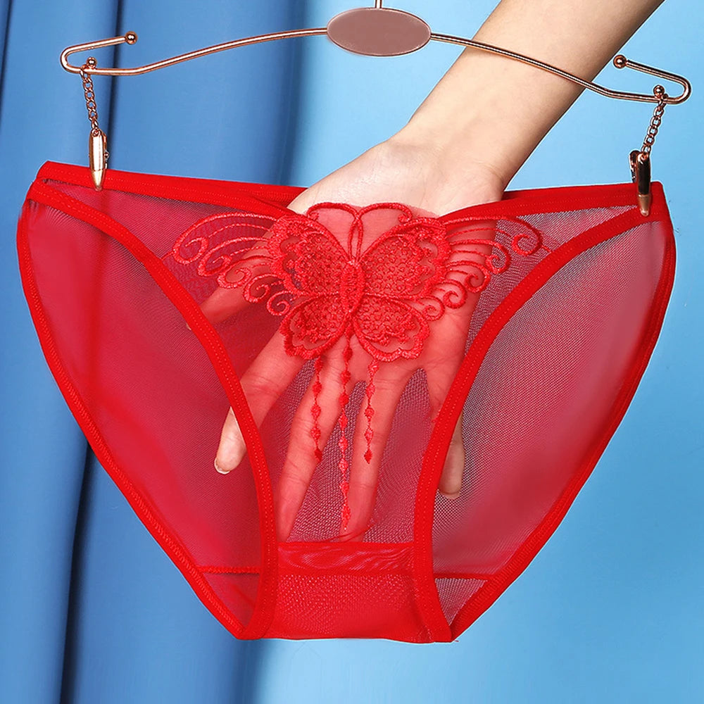Women Sexy Underwear Lace Mesh See-through Comfortable Briefs Lace Butterfly Embroidery Breathable Low Waist Underpants