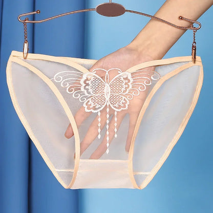 Women Sexy Underwear Lace Mesh See-through Comfortable Briefs Lace Butterfly Embroidery Breathable Low Waist Underpants