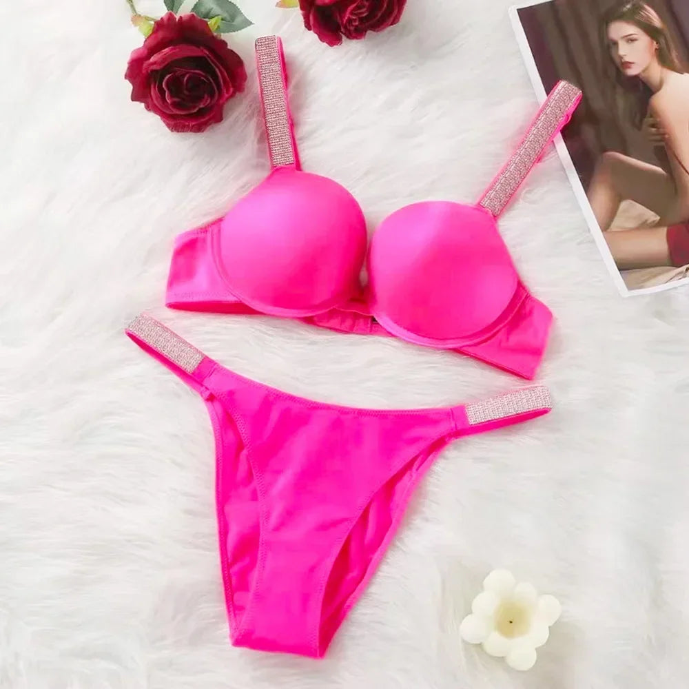 Women Bra Set Sexy Underwear Vs Push Up Bra And Panty Set Letter Rhinestones Panties G String Pink Lingerie Set For Woman
