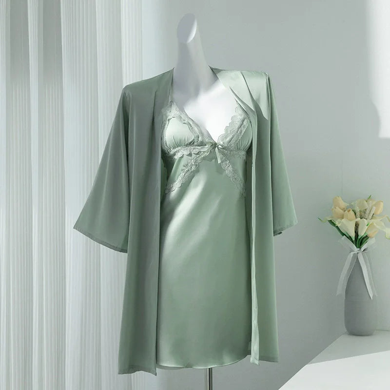 Lace Women Nighty Robe Set Rayon Bathrobe Gown Loungewear Sexy Nightgown Sleepwear Summer Kimono Home Dress