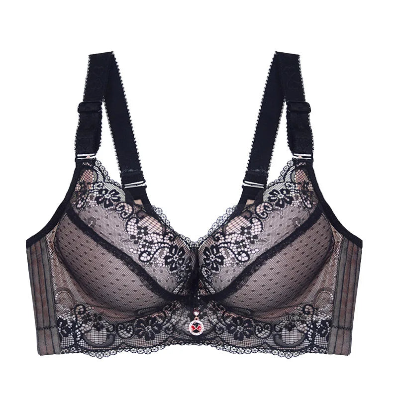 Bra Large Size Lace Bralette Back Four Row Adjustment Bra Thickened Upper Support Lace Top Support Gathering Bra for Women
