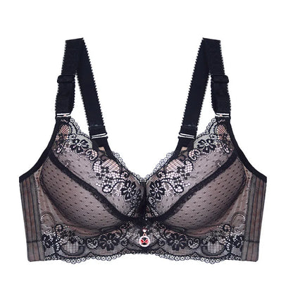Bra Large Size Lace Bralette Back Four Row Adjustment Bra Thickened Upper Support Lace Top Support Gathering Bra for Women