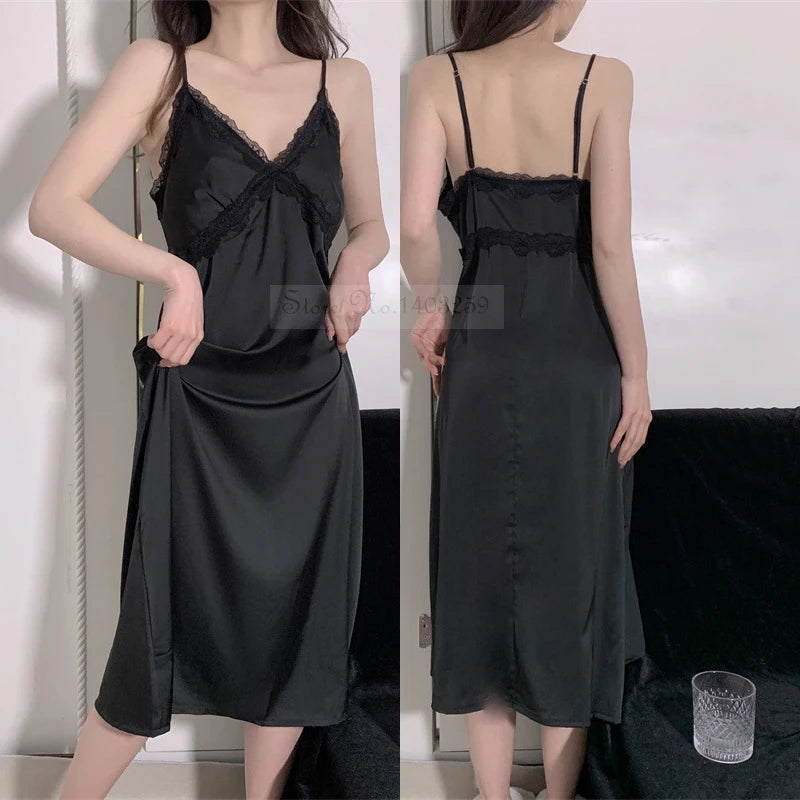 Elegant Female Nighty&Robe Set Long Bathrobe Nightgown Sexy Lace Trim Nightdress Sleepwear Spring Summer Silk Satin Home Wear