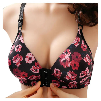Women Bra Adjustable Shoulder Straps Push Up Rose Print Seamless Thin Back Closure Soft Breathable Padded Wireless Bra