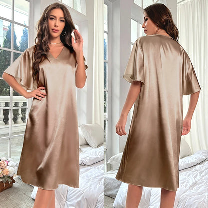 Sexy Deep V-Neck Nightgown Women's Navy Blue Home Dress Oversized Loose Casual Sleepwear Silk Satin Chemise Nightdress Nightwear
