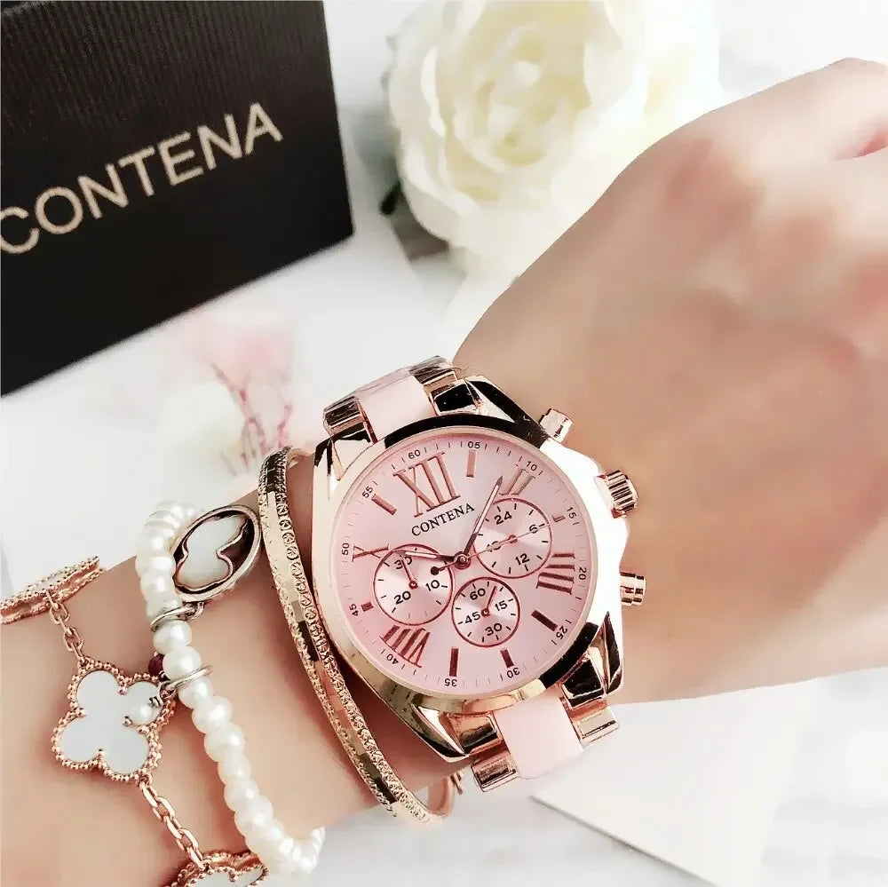 The New Watch Is Made of Ceramic Macaron Adhesive Alloy and Geneva Three Eyed Six Needle Decorative Women's Fashion Quartz