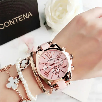 The New Watch Is Made of Ceramic Macaron Adhesive Alloy and Geneva Three Eyed Six Needle Decorative Women's Fashion Quartz