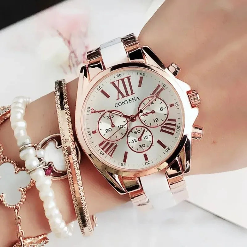 The New Watch Is Made of Ceramic Macaron Adhesive Alloy and Geneva Three Eyed Six Needle Decorative Women's Fashion Quartz