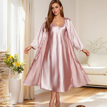 Sexy Long Nighty&Robe Set Nightgown Spring Summer Female Sleepwear Suspender Nightdress Solid Color Satin Homewear