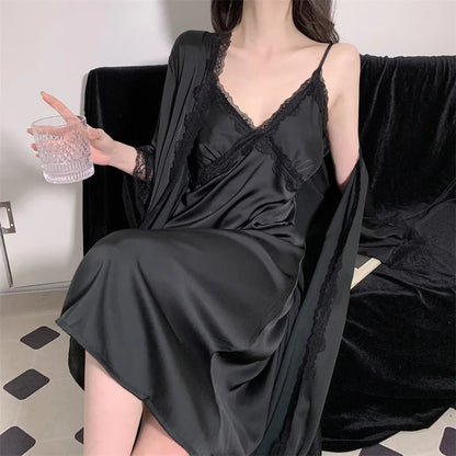 Elegant Female Nighty&Robe Set Long Bathrobe Nightgown Sexy Lace Trim Nightdress Sleepwear Spring Summer Silk Satin Home Wear
