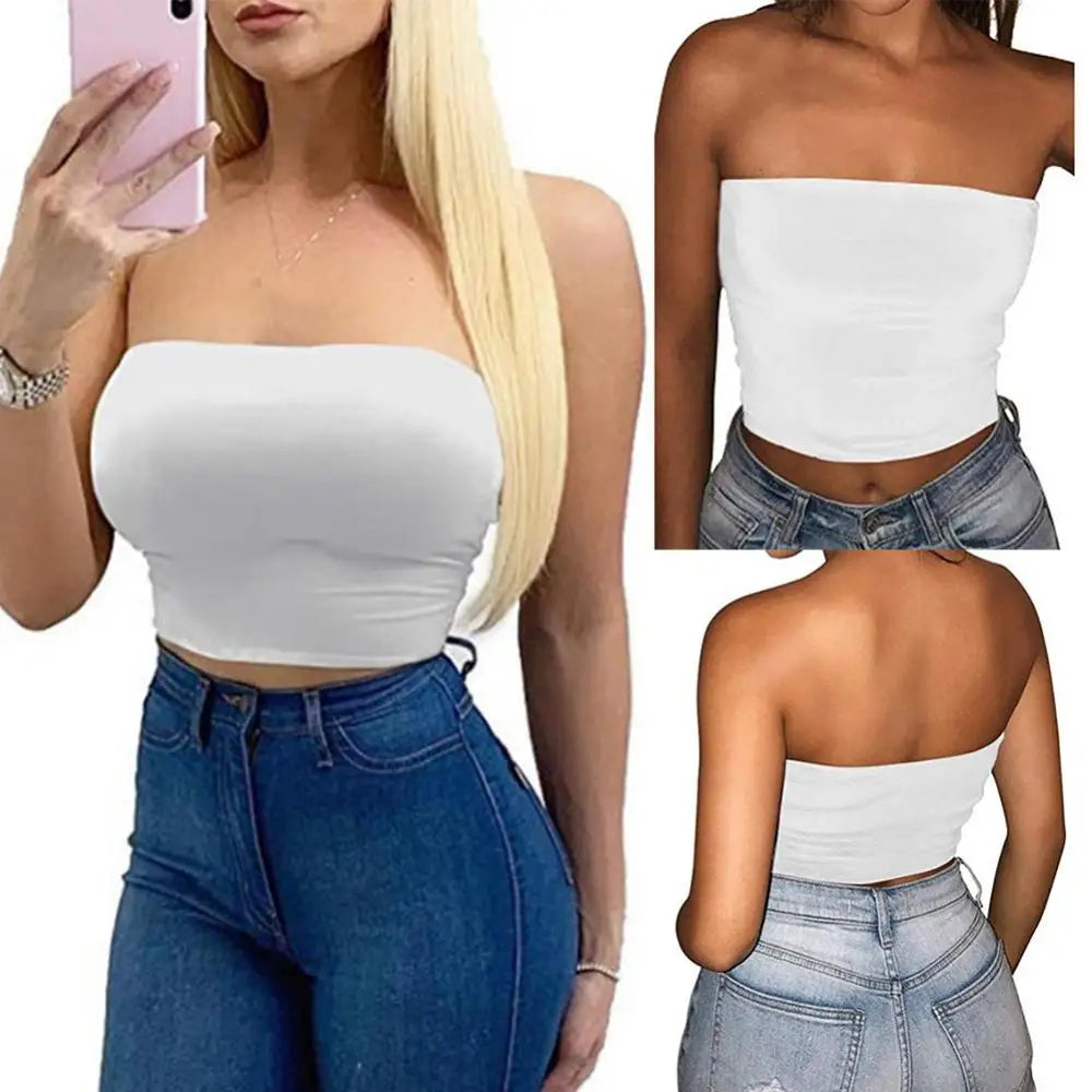 Women Tube Top Sexy Bodycon Crop Tube Top Solid Stretchy Tube Top Casual Every Day Tops Women's Strapless Cropped Mini Bustier