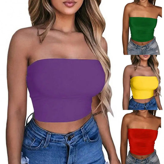 Women Tube Top Sexy Bodycon Crop Tube Top Solid Stretchy Tube Top Casual Every Day Tops Women's Strapless Cropped Mini Bustier