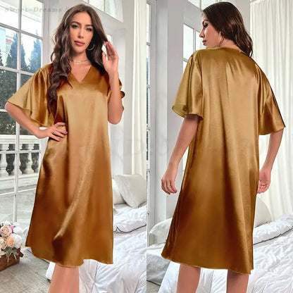 Sexy Deep V-Neck Nightgown Women's Navy Blue Home Dress Oversized Loose Casual Sleepwear Silk Satin Chemise Nightdress Nightwear