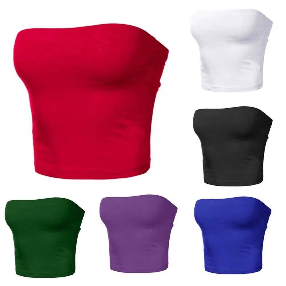 Women Tube Top Sexy Bodycon Crop Tube Top Solid Stretchy Tube Top Casual Every Day Tops Women's Strapless Cropped Mini Bustier