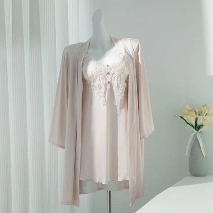 Sexy Lace Nighty&Robe Set Nightgown Silky Satin Home Dress Lounge Wear Summer Female Sleepwear Kimono Bathrobe Gown Lingerie