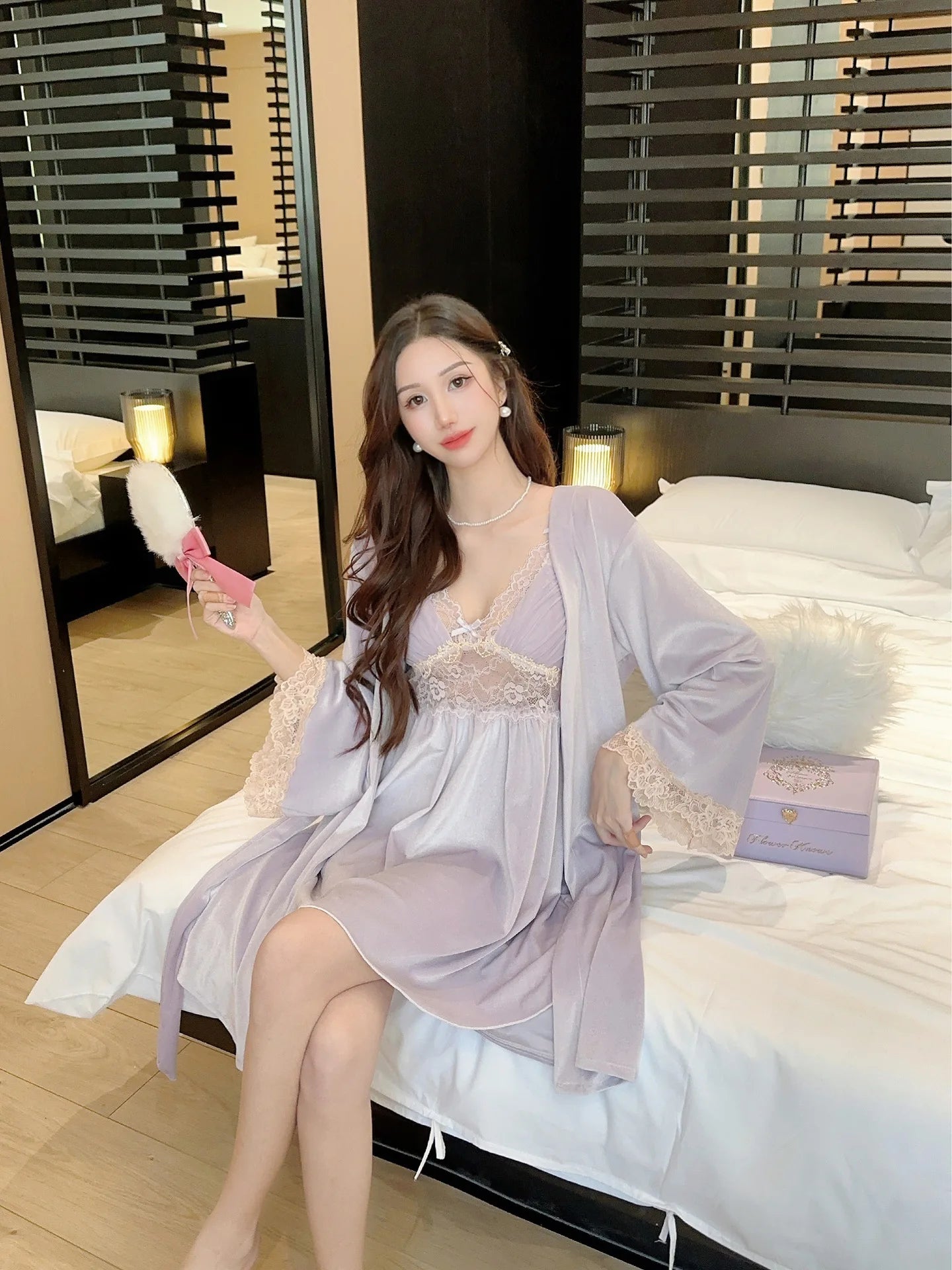 Female Nighty&Robe Set Autumn Winter New Kimono Bathrobe Gown Sexy Velvet Sleepwear Nightdress Two Piece Set Loose Home Dress