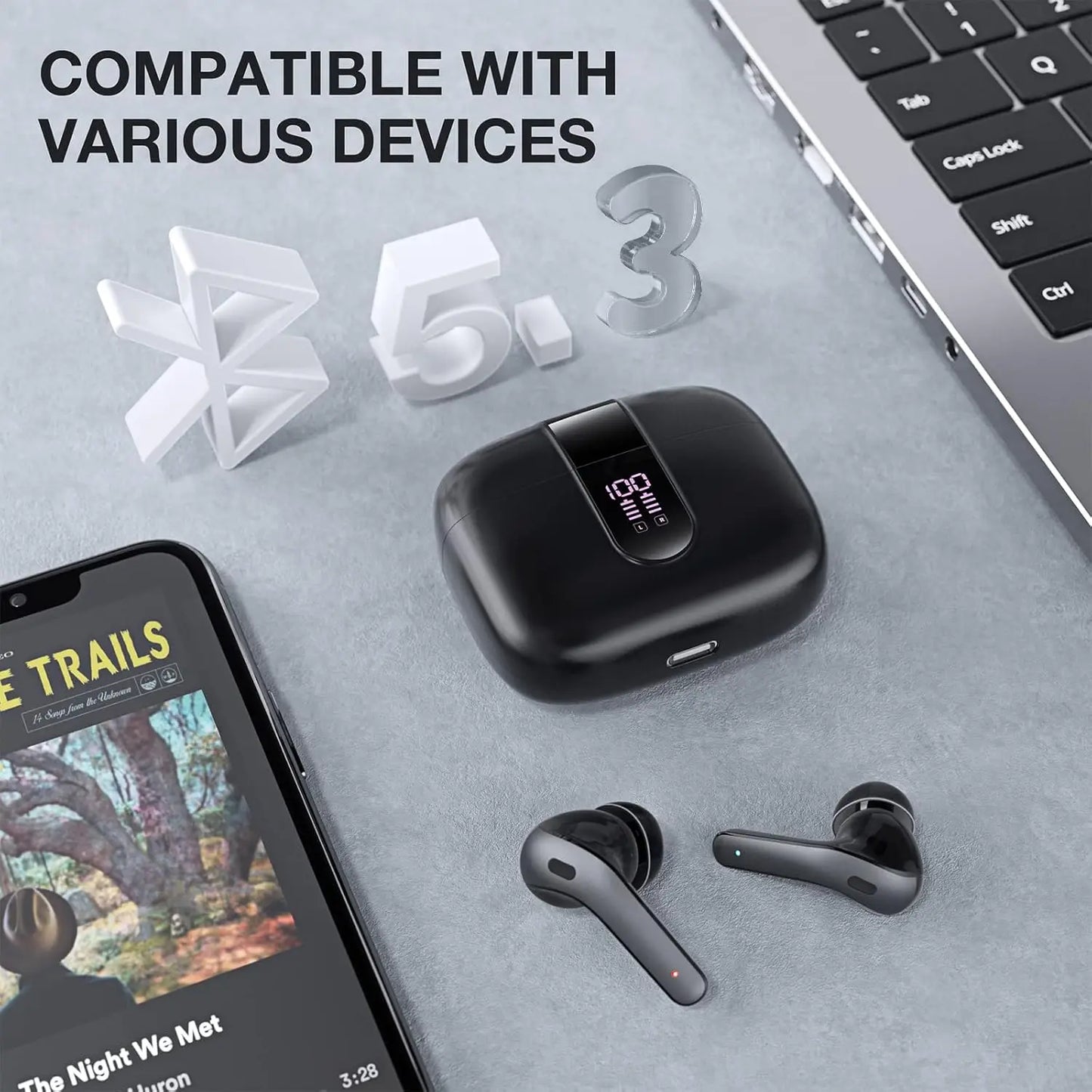 Bluetooth Earbuds V5.3, 45H Playtime, LED Display, Bluetooth Headphones with Mic, Touch Control, IPX5 Waterproof