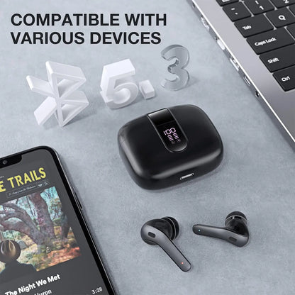 Bluetooth Earbuds V5.3, 45H Playtime, LED Display, Bluetooth Headphones with Mic, Touch Control, IPX5 Waterproof