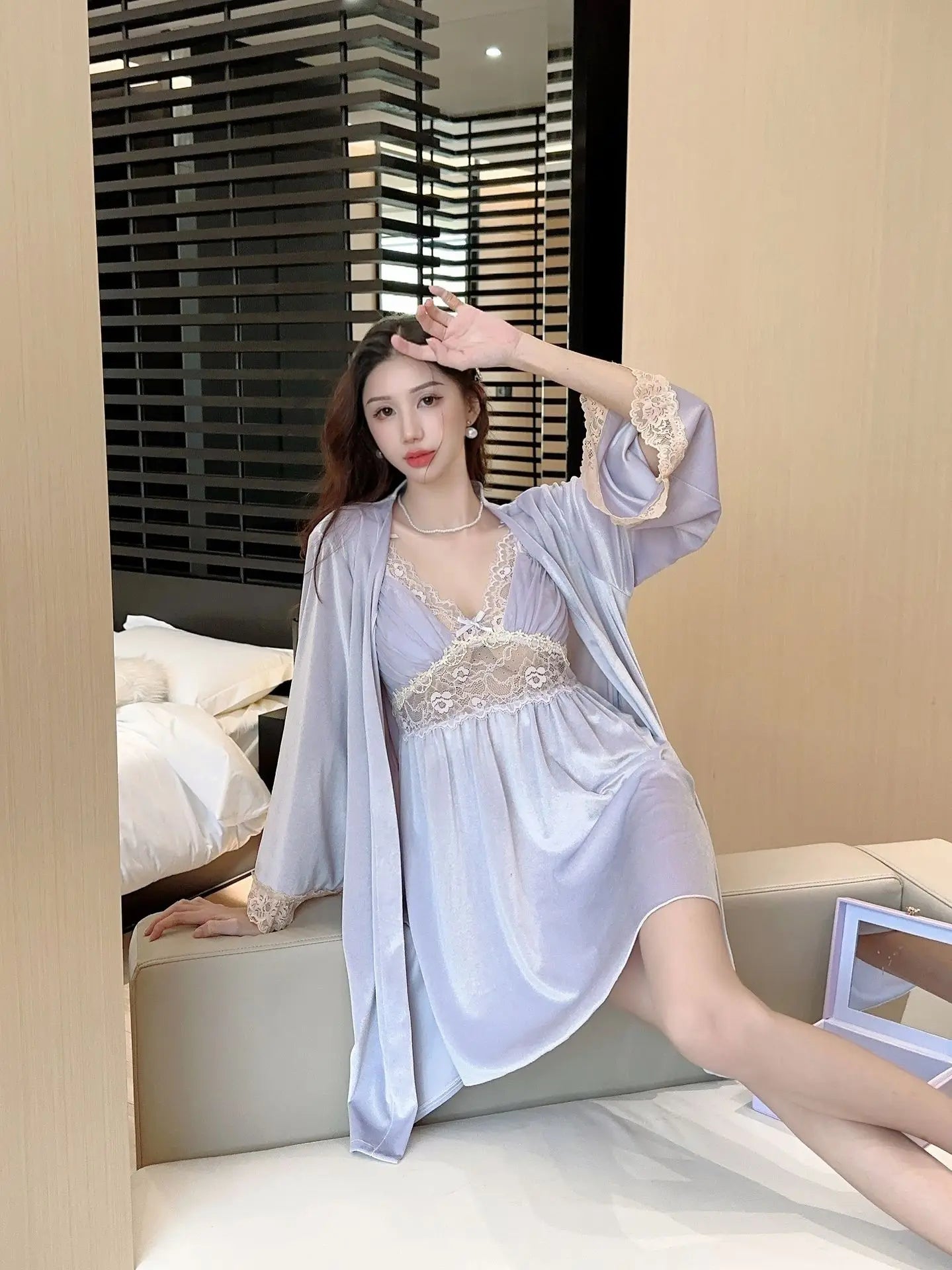Female Nighty&Robe Set Autumn Winter New Kimono Bathrobe Gown Sexy Velvet Sleepwear Nightdress Two Piece Set Loose Home Dress