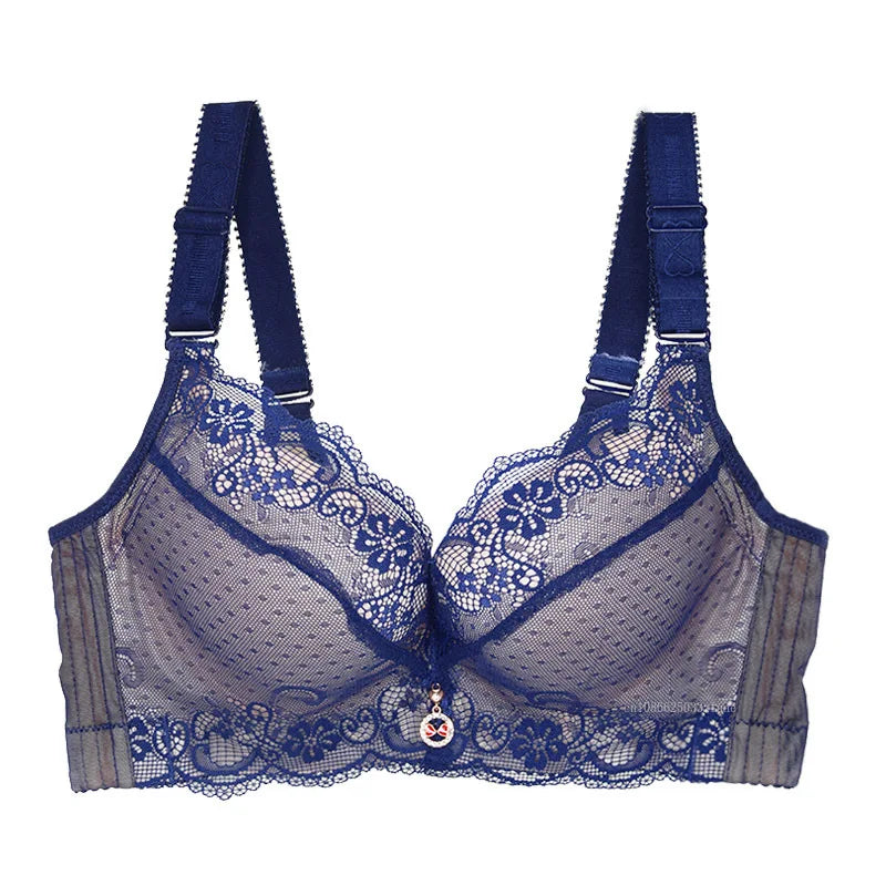 Bra Large Size Lace Bralette Back Four Row Adjustment Bra Thickened Upper Support Lace Top Support Gathering Bra for Women