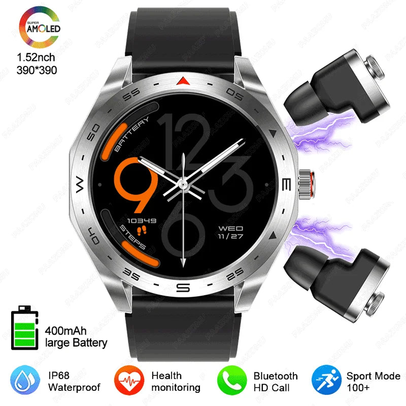 2025 New Smart Watch with TWS Earbuds 1.52 Inch AMOLED IP67 Waterproof Bluetooth Calls MP3 Music Smartwatch for Men Android iOS