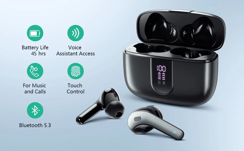 Bluetooth Earbuds V5.3, 45H Playtime, LED Display, Bluetooth Headphones with Mic, Touch Control, IPX5 Waterproof