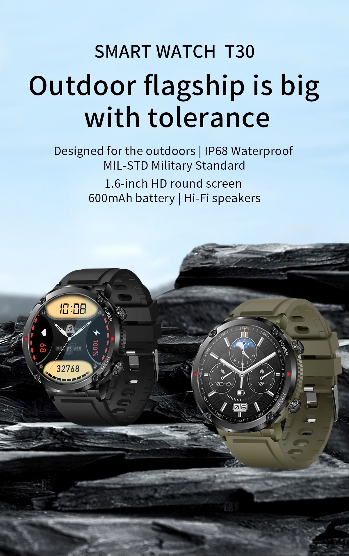 Smart Watch 1.6inch 400*400 Round Screen Bluetooth Call Heart Rate Hi-Fi Speakers IP68 Waterproof Sport Tracket Smartwatch