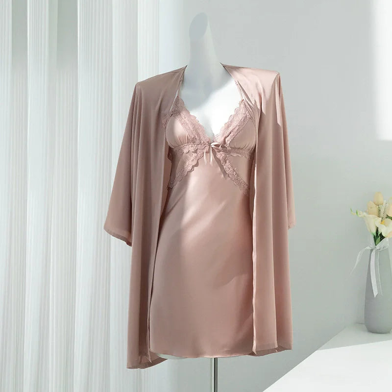 Lace Women Nighty Robe Set Rayon Bathrobe Gown Loungewear Sexy Nightgown Sleepwear Summer Kimono Home Dress
