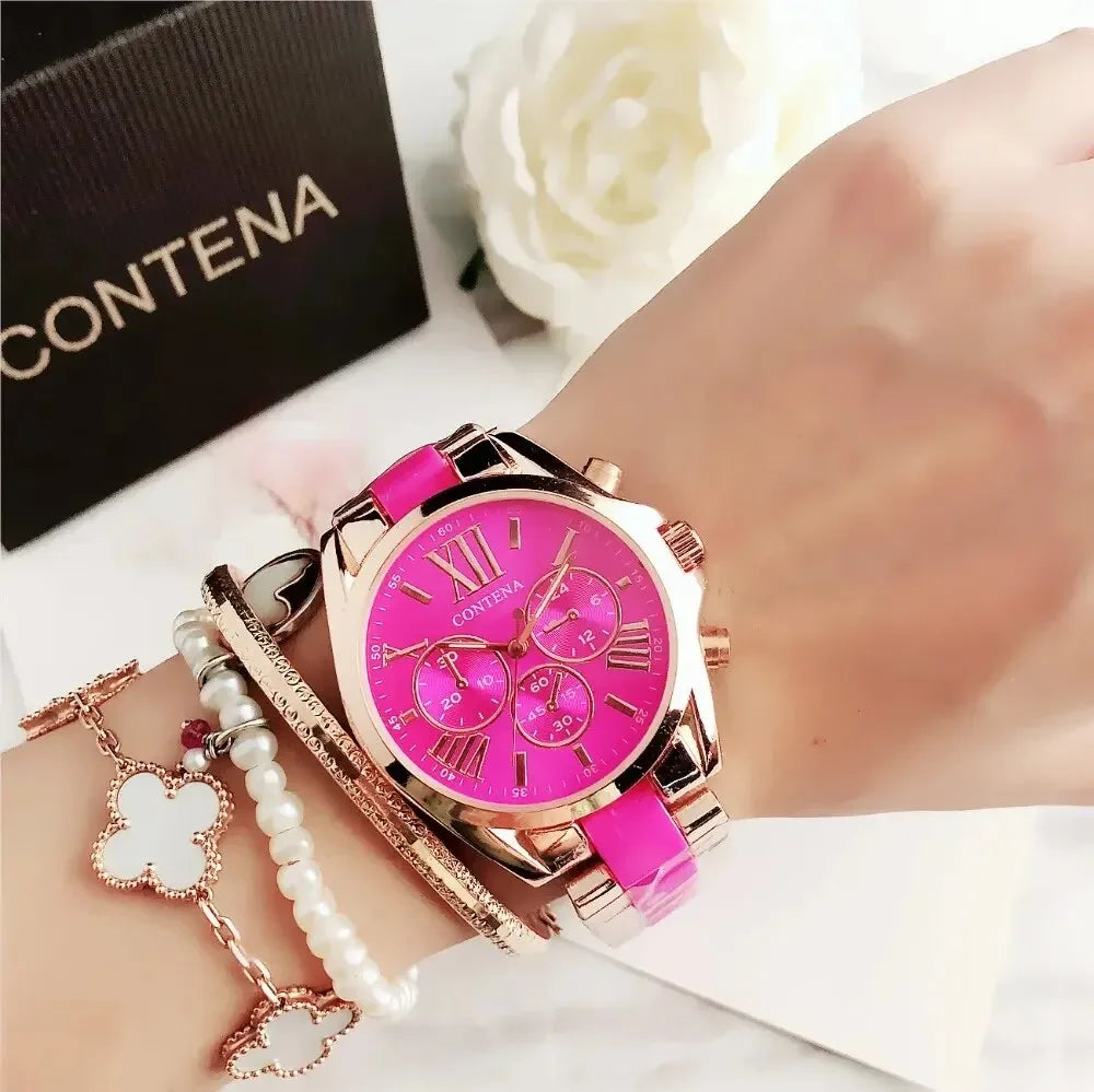 The New Watch Is Made of Ceramic Macaron Adhesive Alloy and Geneva Three Eyed Six Needle Decorative Women's Fashion Quartz