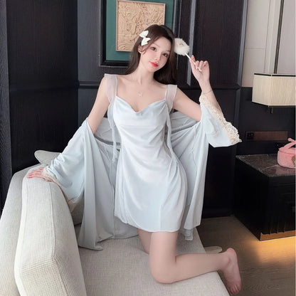 2Pcs Nighty&robe Women Sleepwear Sexy Strappy Nightdress Loos Kimono Gown Bathrobe Suit Warm Velour Nightgown