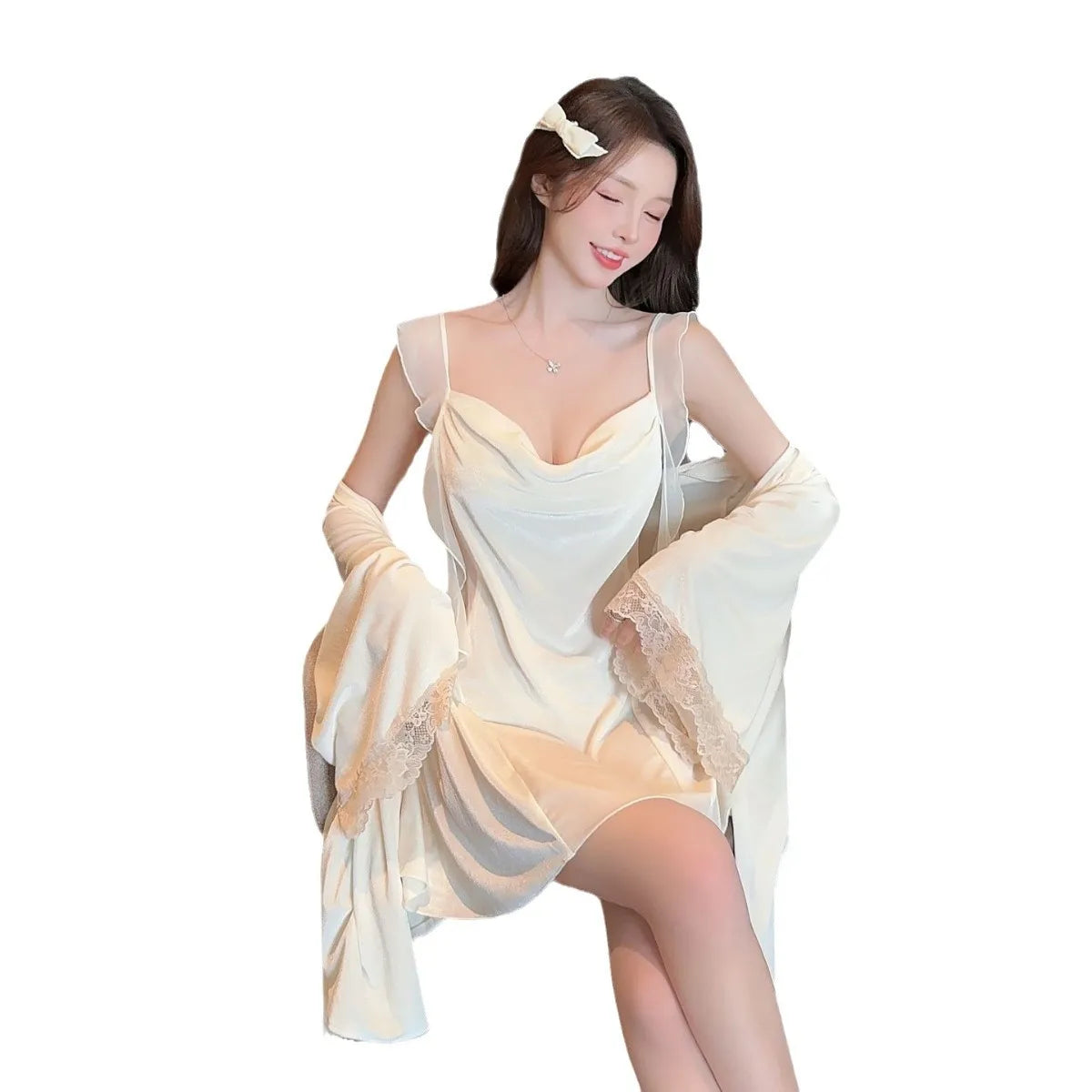 2Pcs Nighty&robe Women Sleepwear Sexy Strappy Nightdress Loos Kimono Gown Bathrobe Suit Warm Velour Nightgown