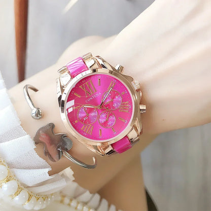 The New Watch Is Made of Ceramic Macaron Adhesive Alloy and Geneva Three Eyed Six Needle Decorative Women's Fashion Quartz