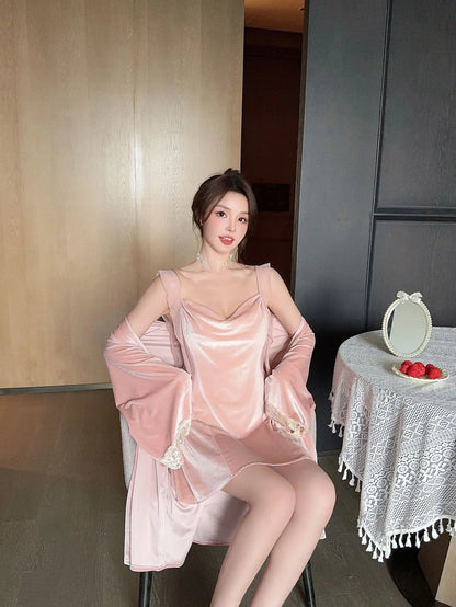 2Pcs Nighty&robe Women Sleepwear Sexy Strappy Nightdress Loos Kimono Gown Bathrobe Suit Warm Velour Nightgown