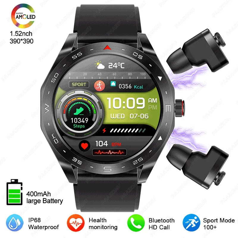2025 New Smart Watch with TWS Earbuds 1.52 Inch AMOLED IP67 Waterproof Bluetooth Calls MP3 Music Smartwatch for Men Android iOS