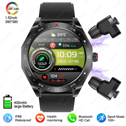 2025 New Smart Watch with TWS Earbuds 1.52 Inch AMOLED IP67 Waterproof Bluetooth Calls MP3 Music Smartwatch for Men Android iOS