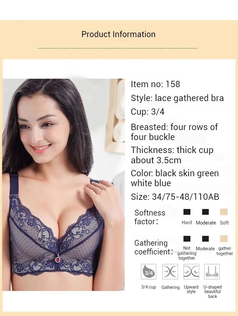 Bra Large Size Lace Bralette Back Four Row Adjustment Bra Thickened Upper Support Lace Top Support Gathering Bra for Women
