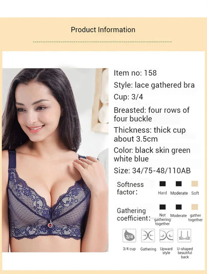 Bra Large Size Lace Bralette Back Four Row Adjustment Bra Thickened Upper Support Lace Top Support Gathering Bra for Women