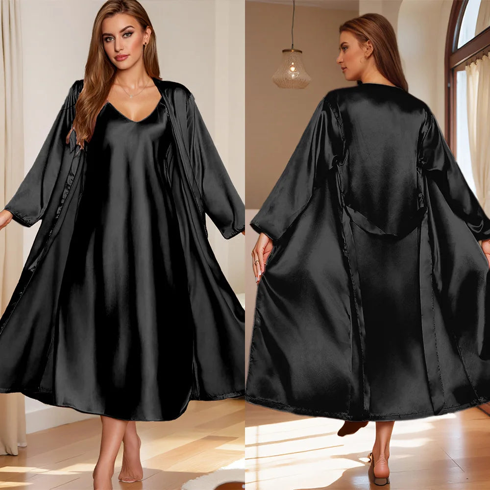 Sexy Long Nighty&Robe Set Nightgown Spring Summer Female Sleepwear Suspender Nightdress Solid Color Satin Homewear