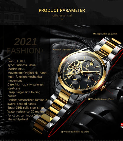 Relogio Masculino Tevise Mens Watches Top Brand Luxury Tourbillon Automatic Mechanical Watch Men Full Steel Waterproof Watches