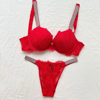 Women Bra Set Sexy Underwear Vs Push Up Bra And Panty Set Letter Rhinestones Panties G String Pink Lingerie Set For Woman