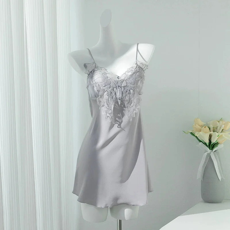 Sexy Lace Nighty&Robe Set Nightgown Silky Satin Home Dress Lounge Wear Summer Female Sleepwear Kimono Bathrobe Gown Lingerie