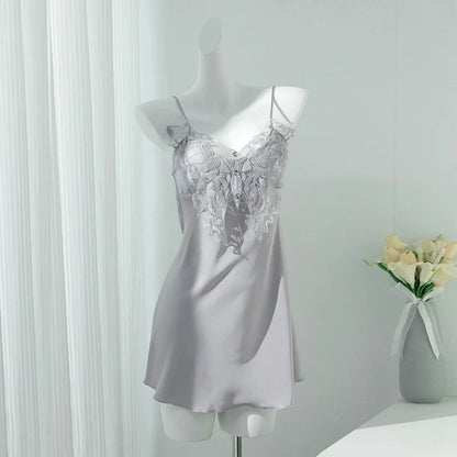 Sexy Lace Nighty&Robe Set Nightgown Silky Satin Home Dress Lounge Wear Summer Female Sleepwear Kimono Bathrobe Gown Lingerie