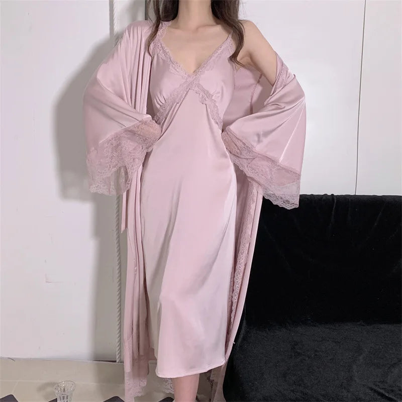 Elegant Female Nighty&Robe Set Long Bathrobe Nightgown Sexy Lace Trim Nightdress Sleepwear Spring Summer Silk Satin Home Wear