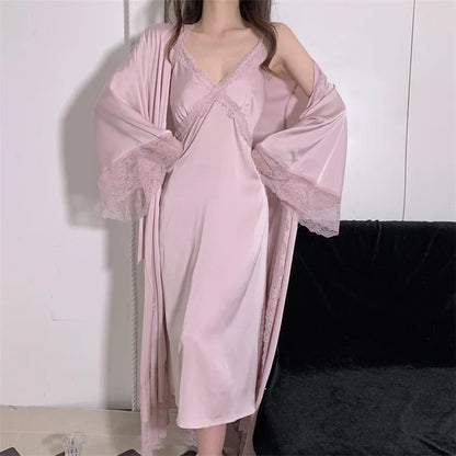 Elegant Female Nighty&Robe Set Long Bathrobe Nightgown Sexy Lace Trim Nightdress Sleepwear Spring Summer Silk Satin Home Wear