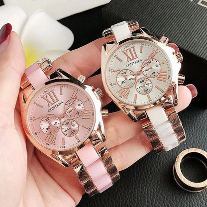 The New Watch Is Made of Ceramic Macaron Adhesive Alloy and Geneva Three Eyed Six Needle Decorative Women's Fashion Quartz