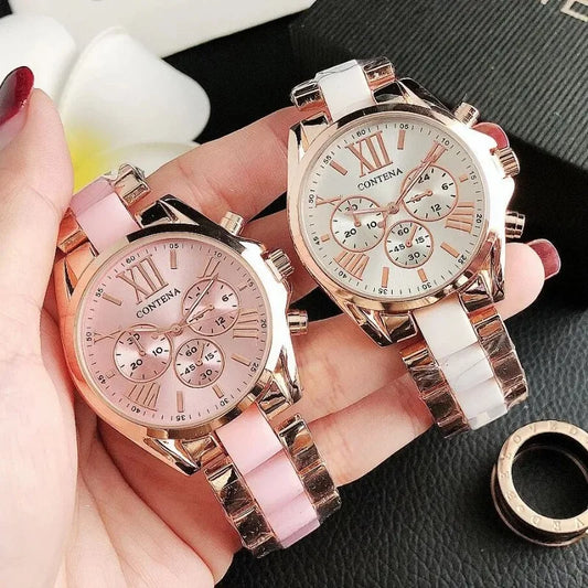 The New Watch Is Made of Ceramic Macaron Adhesive Alloy and Geneva Three Eyed Six Needle Decorative Women's Fashion Quartz