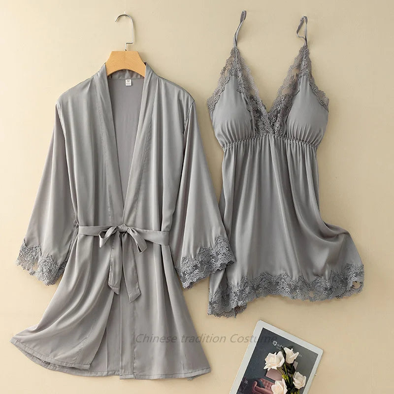 V-Neck Nighty&robe Set Sexy Lace Edge Kimono Bathrobe Nightgown Women Casual Homewear Sexy Lingerie Sling Sleepwear Loungewear