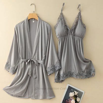 V-Neck Nighty&robe Set Sexy Lace Edge Kimono Bathrobe Nightgown Women Casual Homewear Sexy Lingerie Sling Sleepwear Loungewear